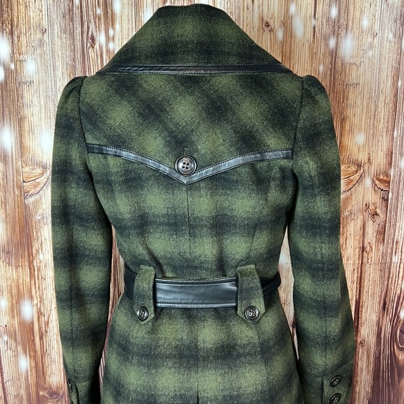 Steve Madden Green Plaid Dbl Breasted Belted Military Style Long Coat Small - Picture 5 of 7
